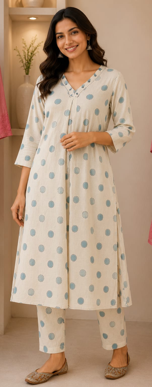 Elegant Blue Polka Print Kurta Set.