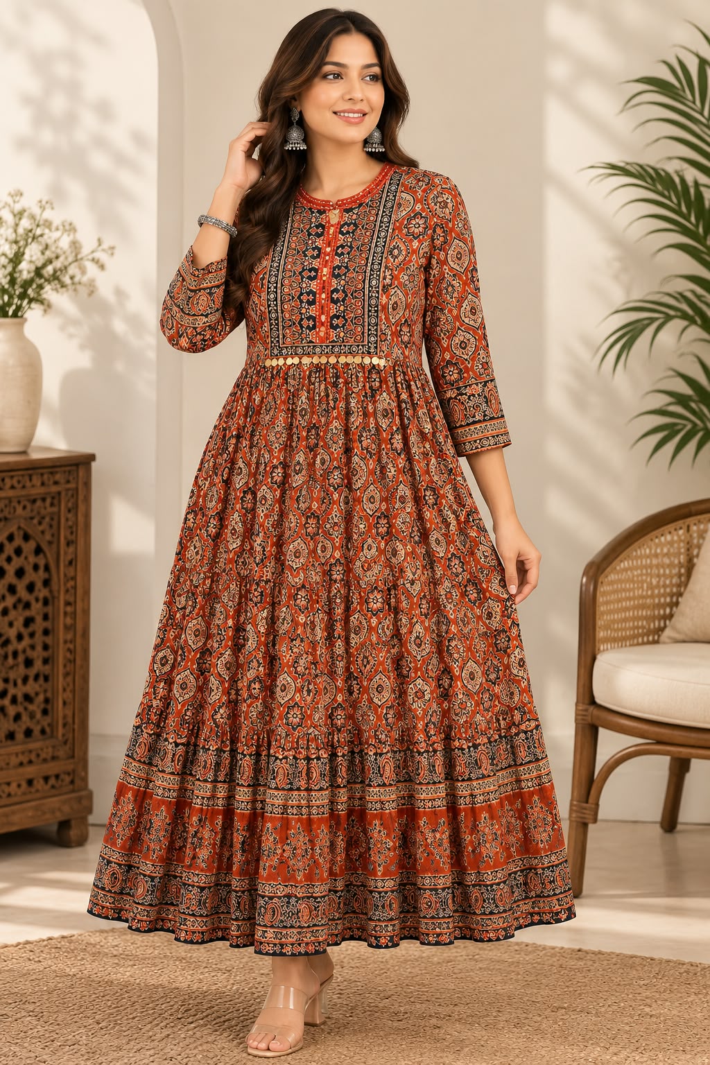 Rust &amp; Black Printed Flared Kurta Dress..