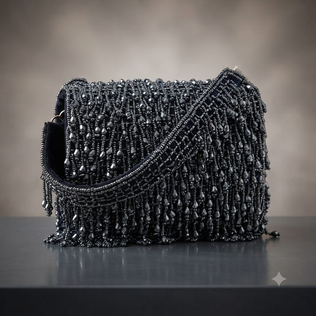 Black Beaded Crystal Embellished Shoulder Bag.