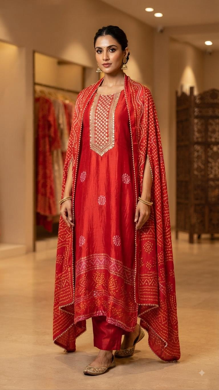 Red Bandhani-Inspired Festive Suit Set.