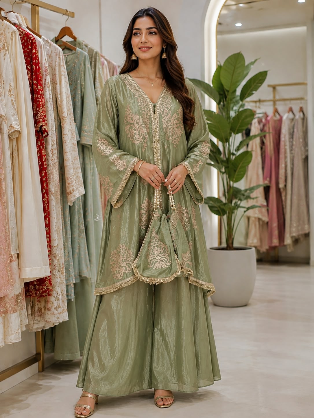 Sage Green Embroidered Festive Sharara Set