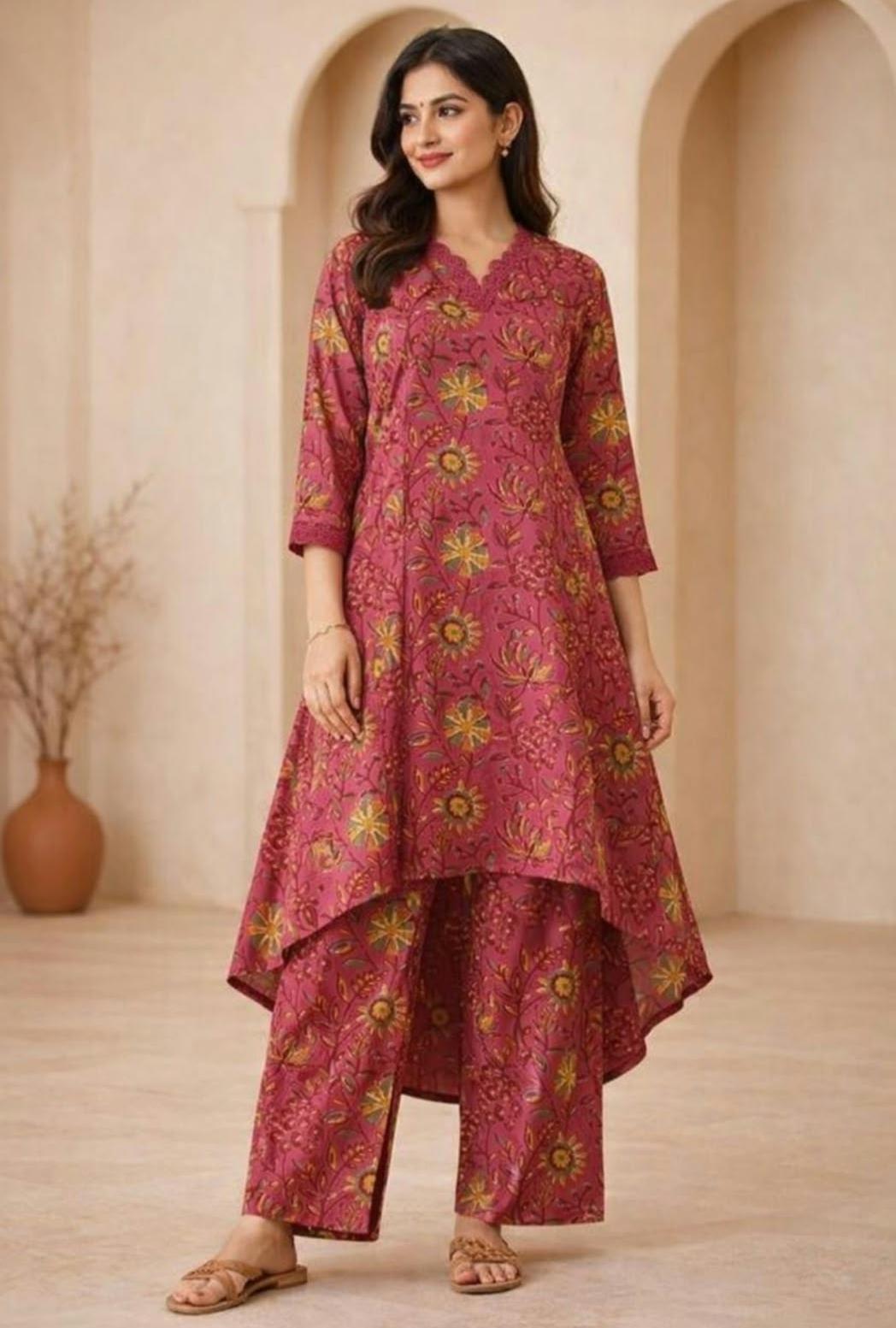 Floral Printed Asymmetric Kurta Set.