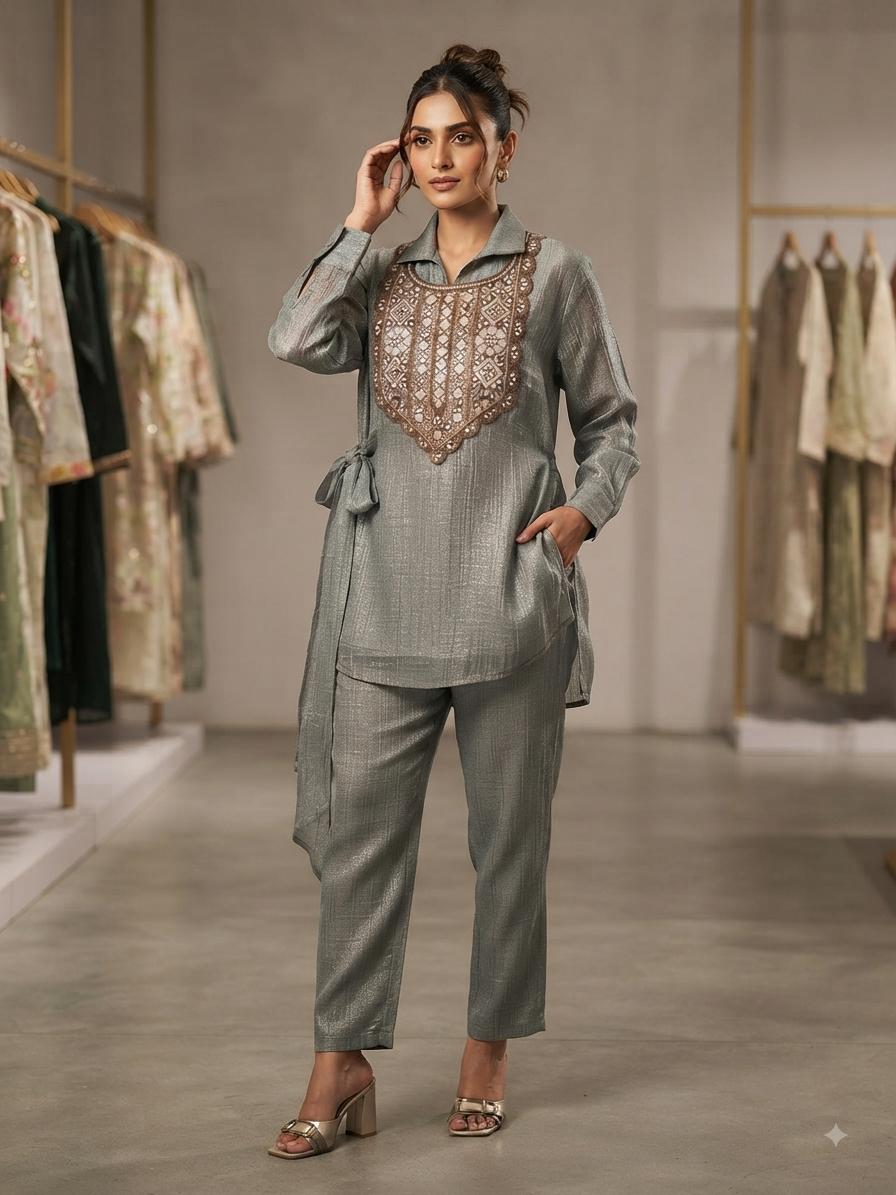 Sage Grey Embroidered Co-Ord Set...
