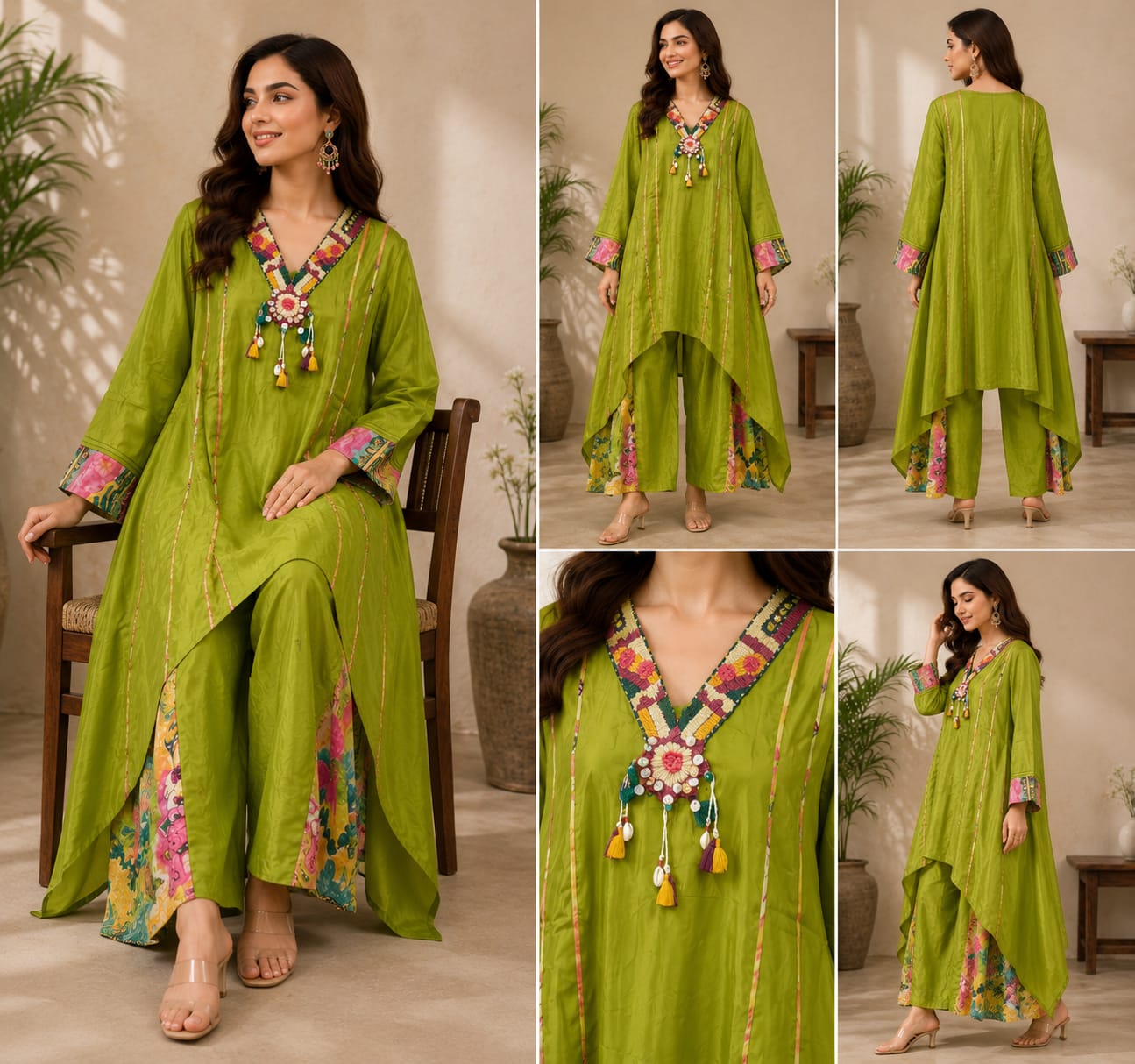 Green kurta & palazzo set with floral Detaling.