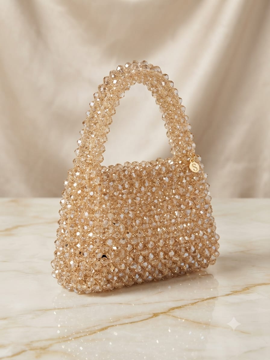 crystal beaded handbag With Gold charm.