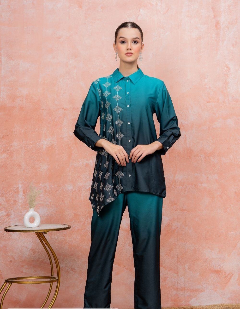 Women's Magenta &amp; Black Ombre Printed Co-Ord Set | Premium Satin Shirt &amp; Straight Pants | Stylish Casual Wear.