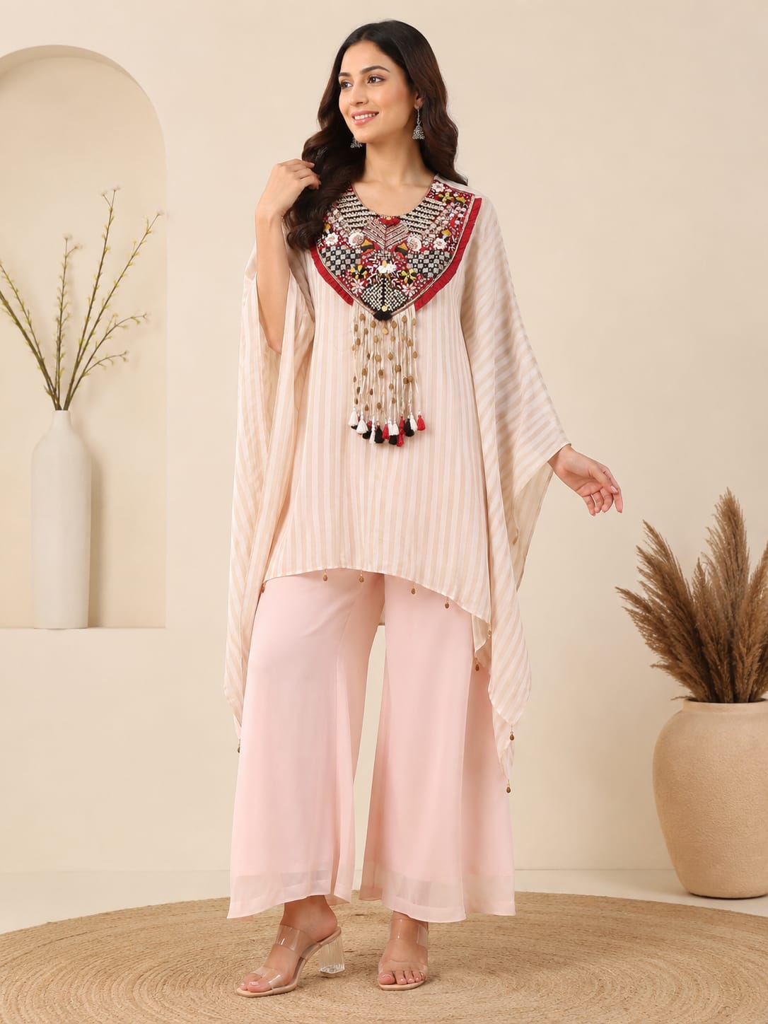 Elegant Mint Green Embroidered Kaftan Co-Ord Set for Women.