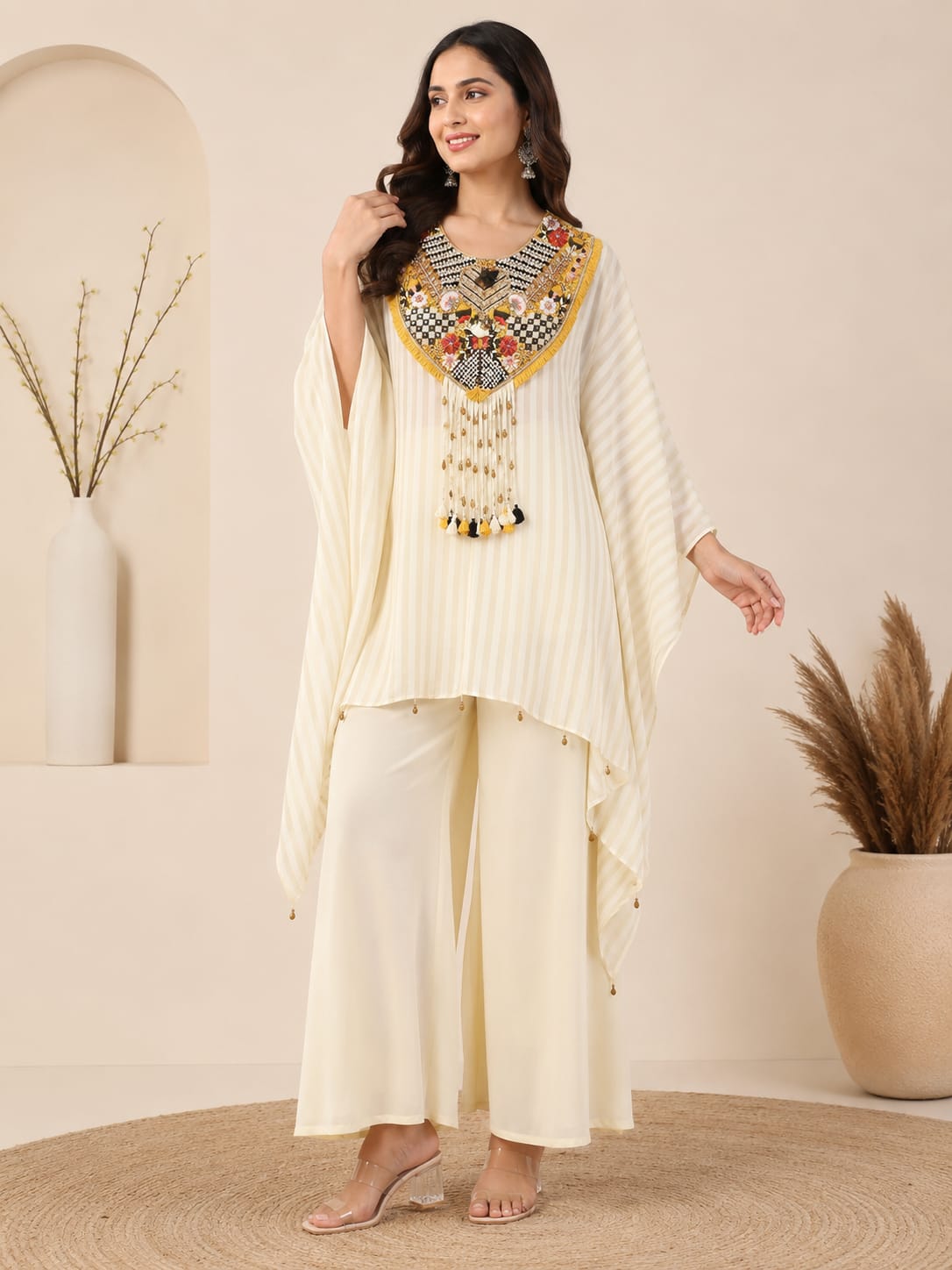 Elegant Mint Green Embroidered Kaftan Co-Ord Set for Women.