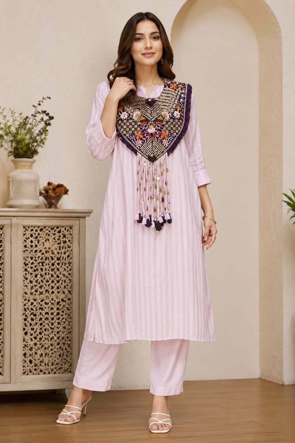 Elegant Mint Green Embroidered Kaftan Co-Ord Set for Women.