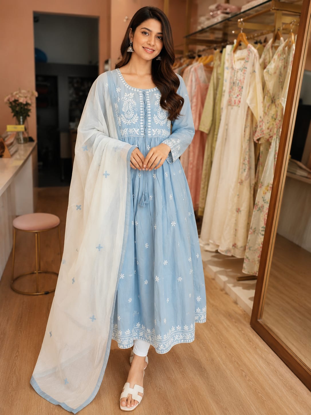 Elegant Baby Pink Embroidered Cotton Anarkali Kurta Set with Organza Dupatta