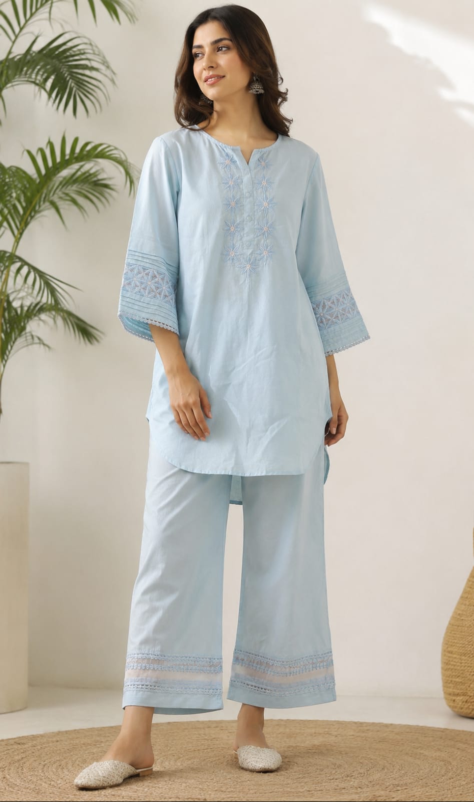 Butter Yellow Floral Embroidered Kurta & Pant Set.