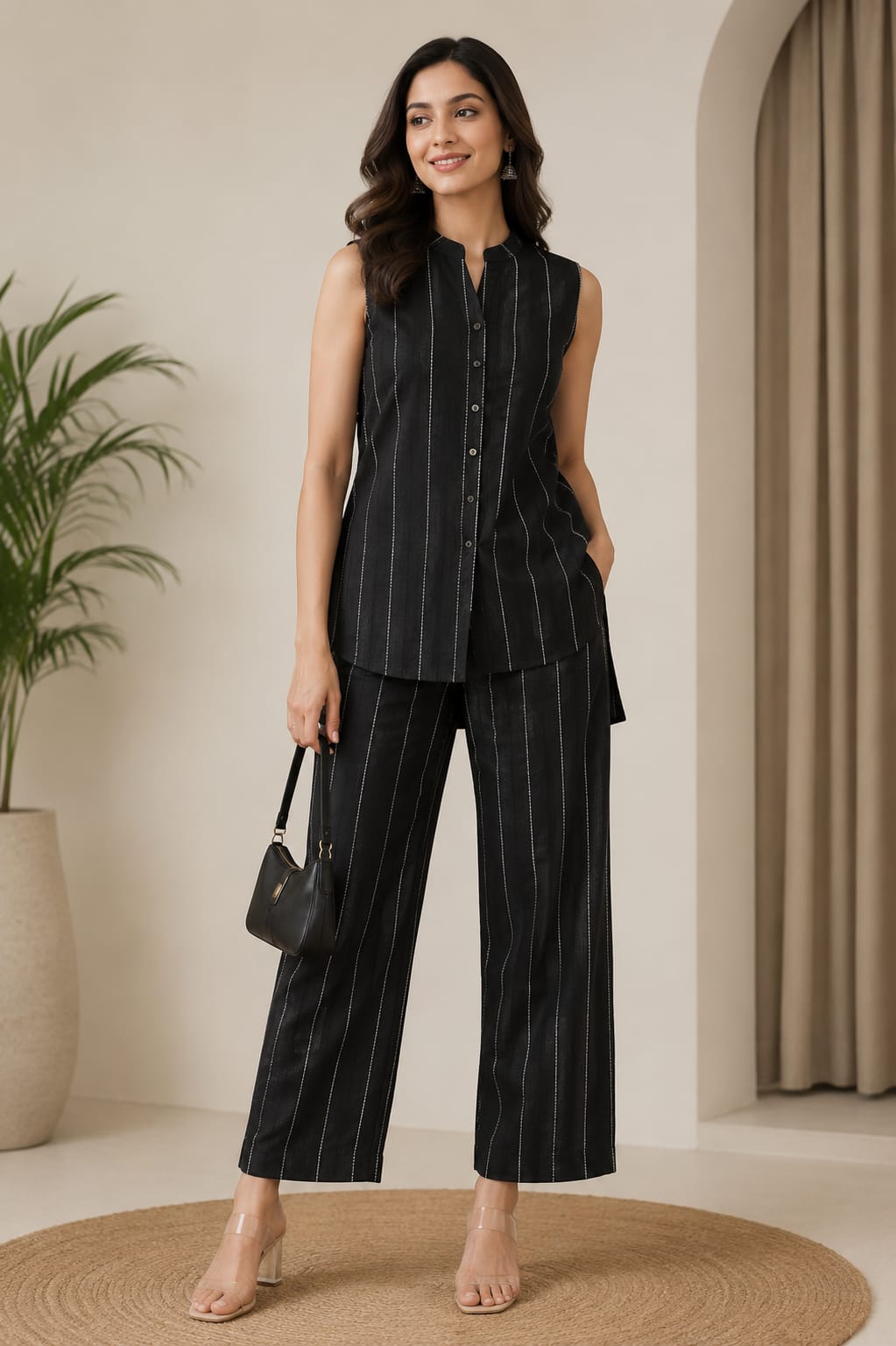 Elegant Ivory Striped Co-Ord Set for Women | Sleeveless Cotton Blend Top & Wide-Leg Pants