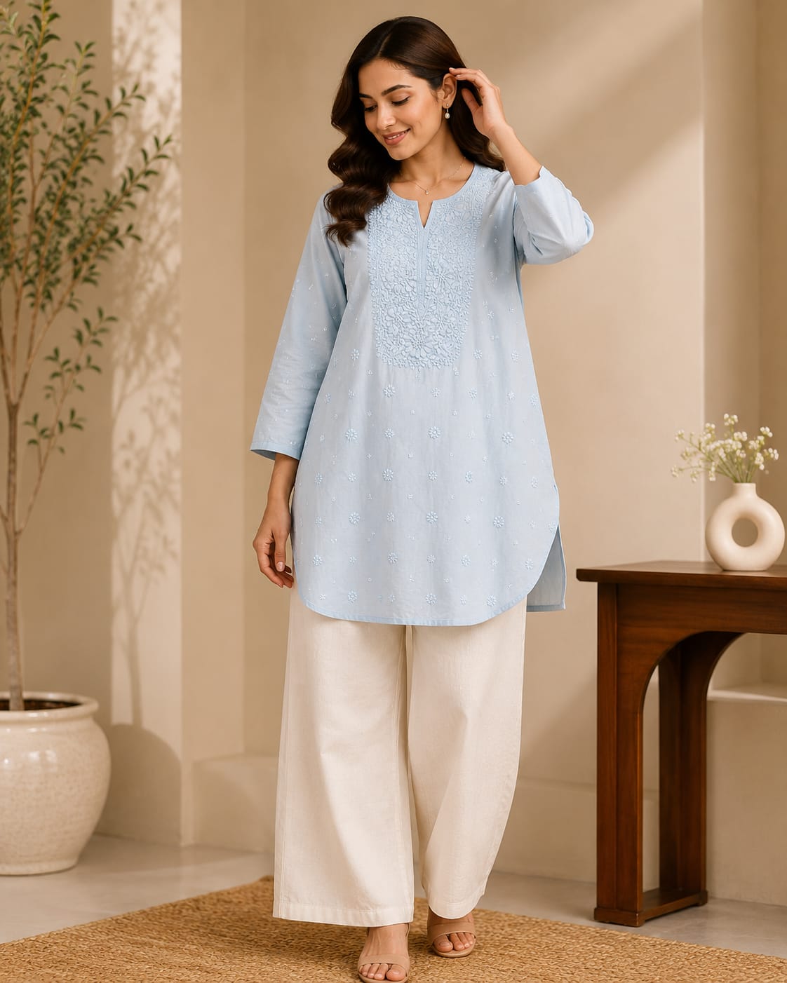 Elegant Lavender Embroidered Cotton Kurti.