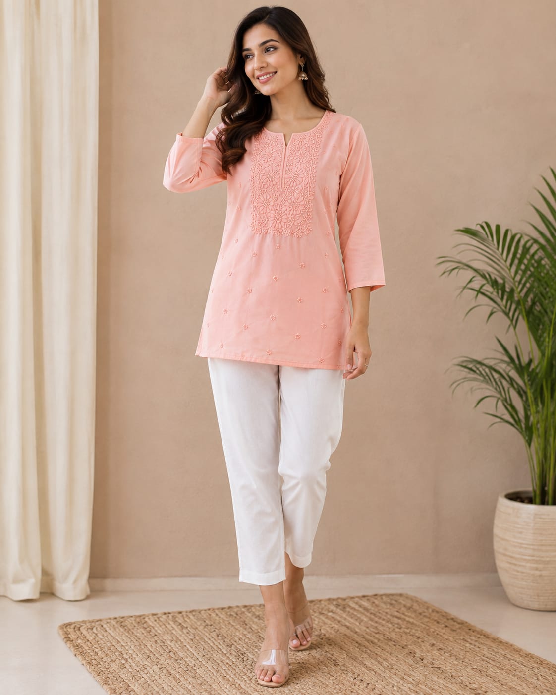 Elegant Lavender Embroidered Cotton Kurti.