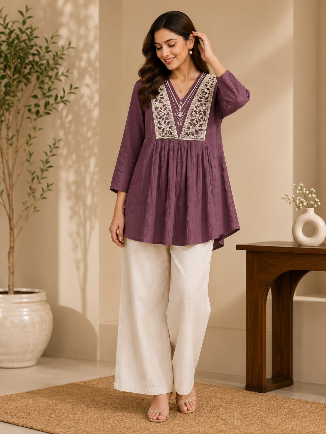 Elegant Mauve Embroidered Cotton Peplum Top with Straight Pants Set.