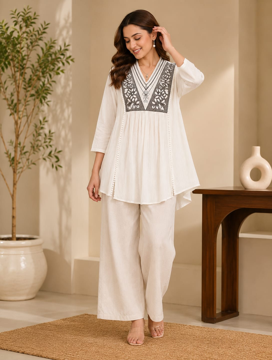 Elegant Mauve Embroidered Cotton Peplum Top with Straight Pants Set.